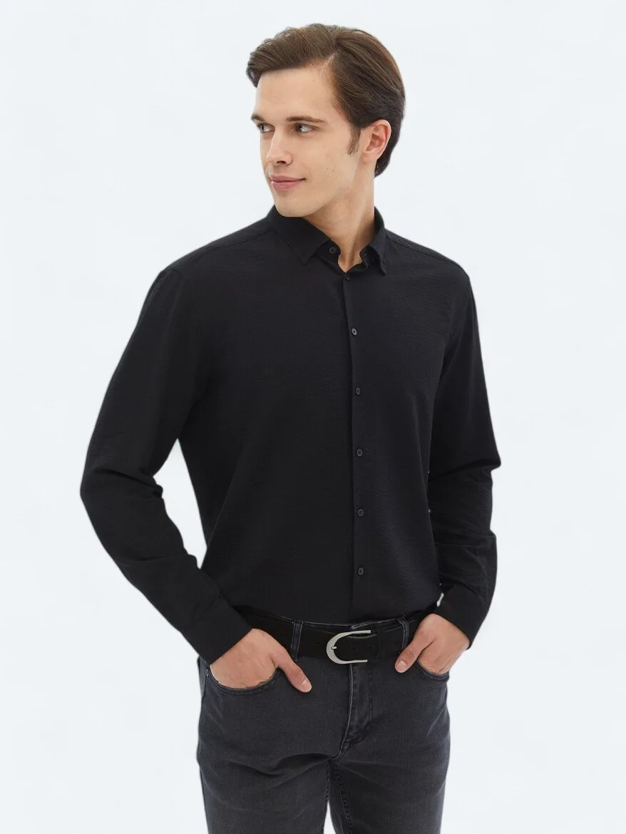 Black Regular Fit Weaving Casual Shirt - 1