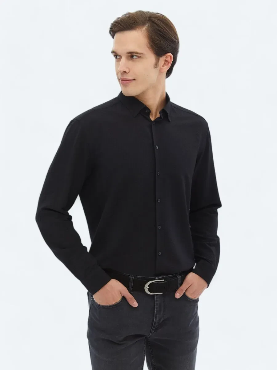 Black Regular Fit Weaving Casual Shirt - 1