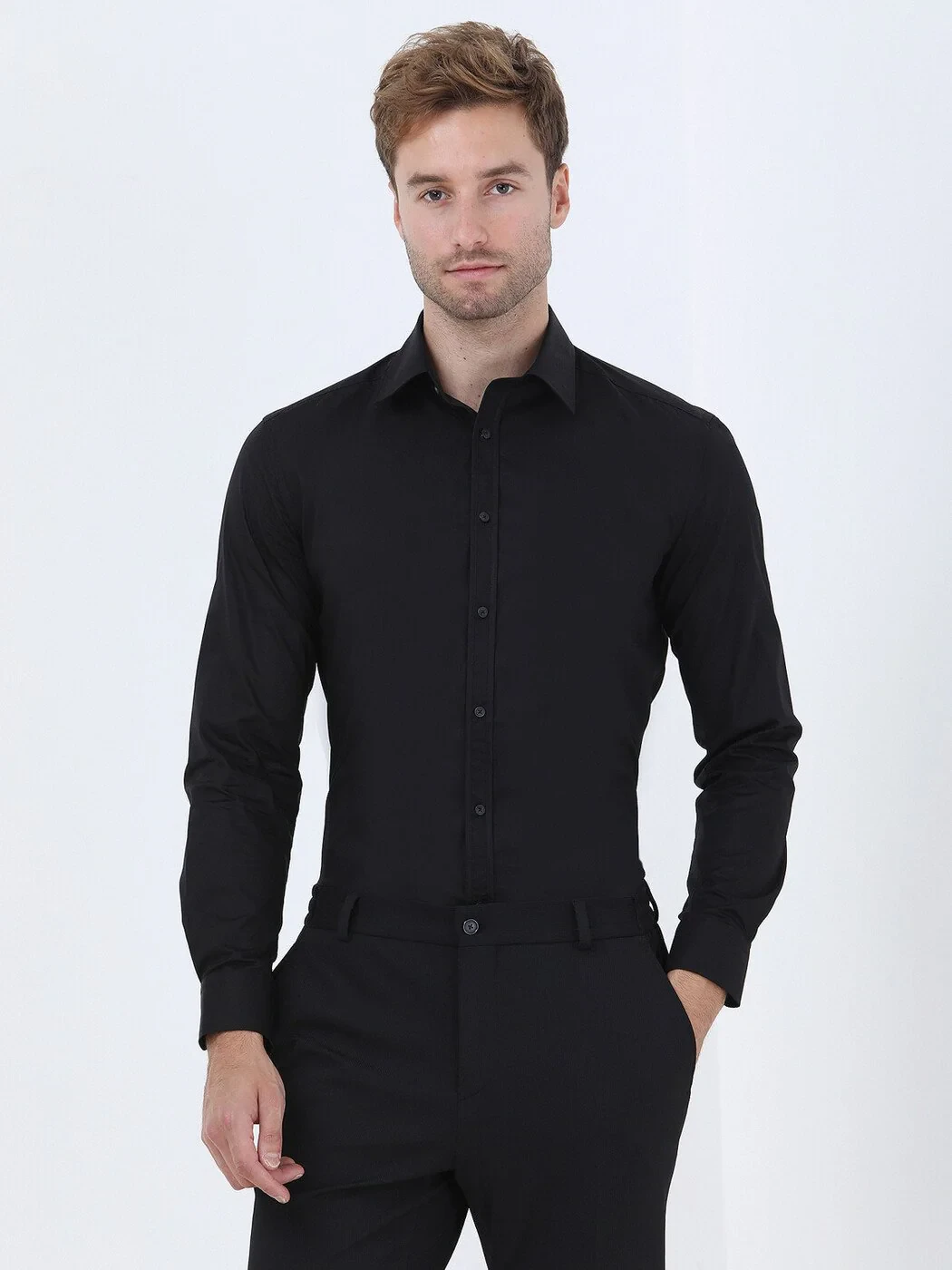 Black Regular Fit Weaving Classical 100% Cotton Shirt - 1