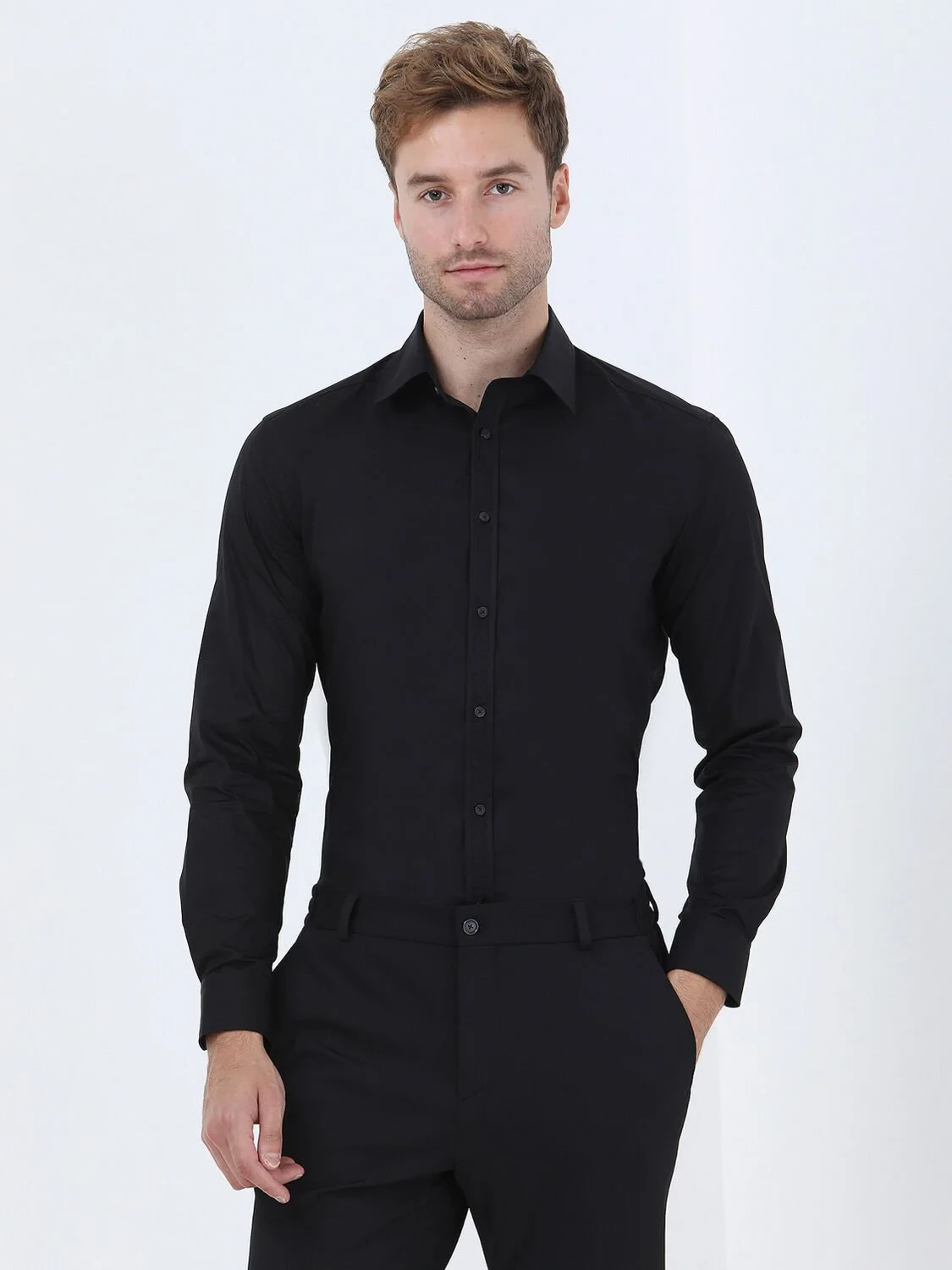 Black Regular Fit Weaving Classical 100% Cotton Shirt - 1