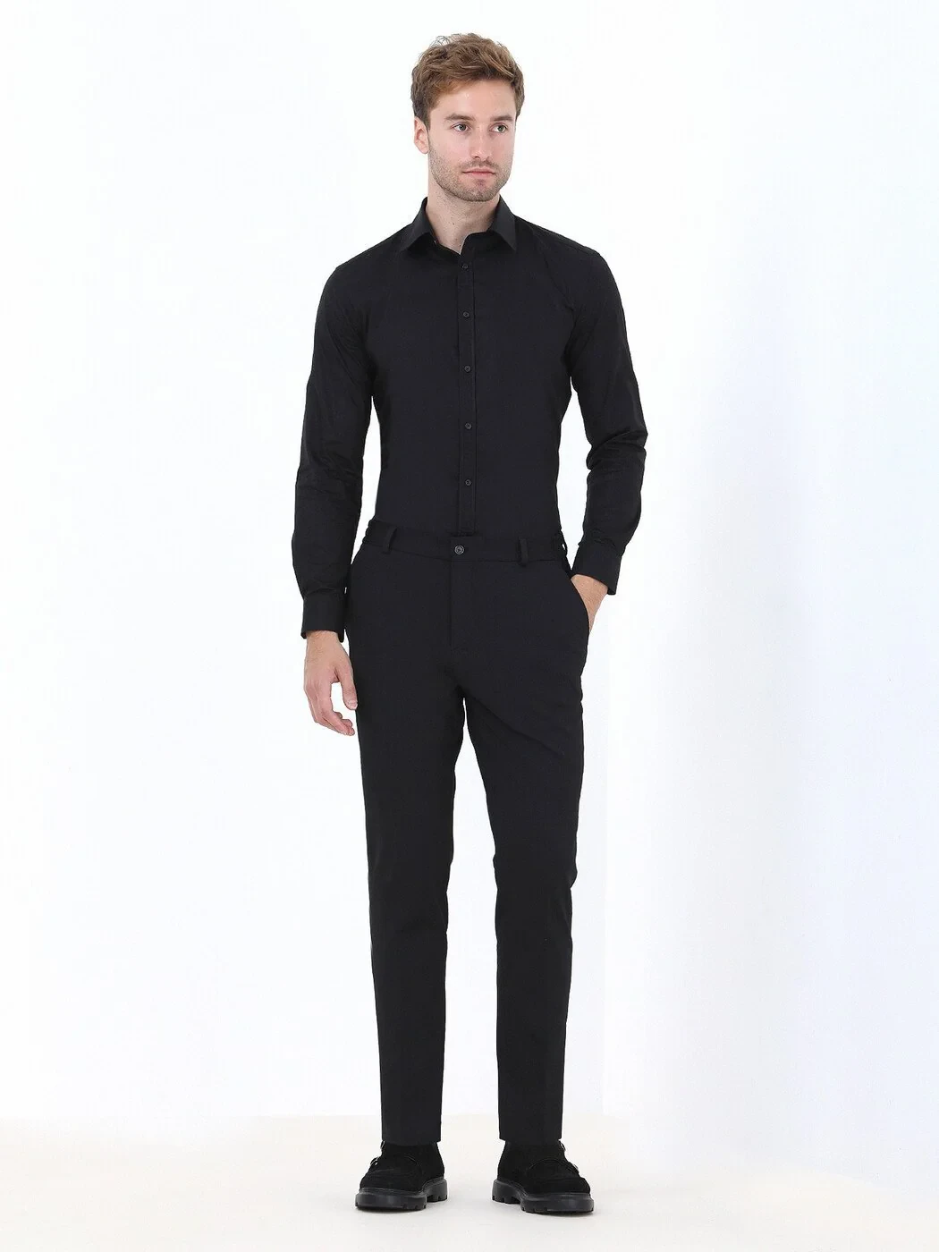 Black Regular Fit Weaving Classical 100% Cotton Shirt - 2