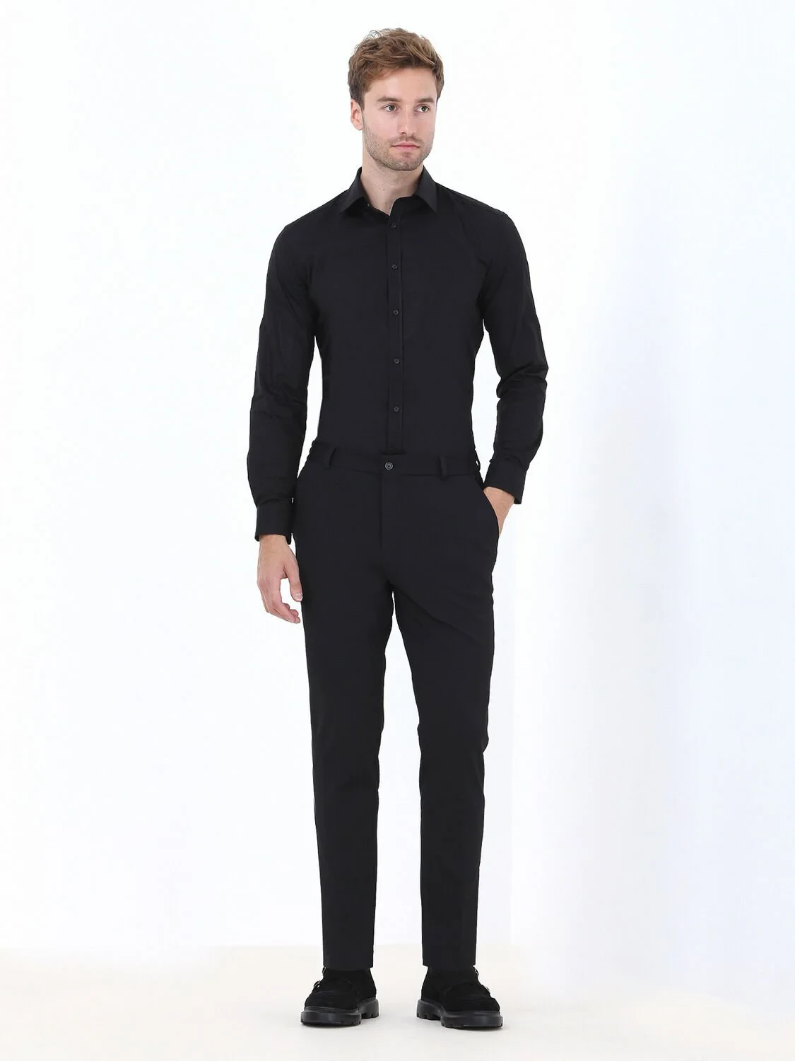 Black Regular Fit Weaving Classical 100% Cotton Shirt - 2