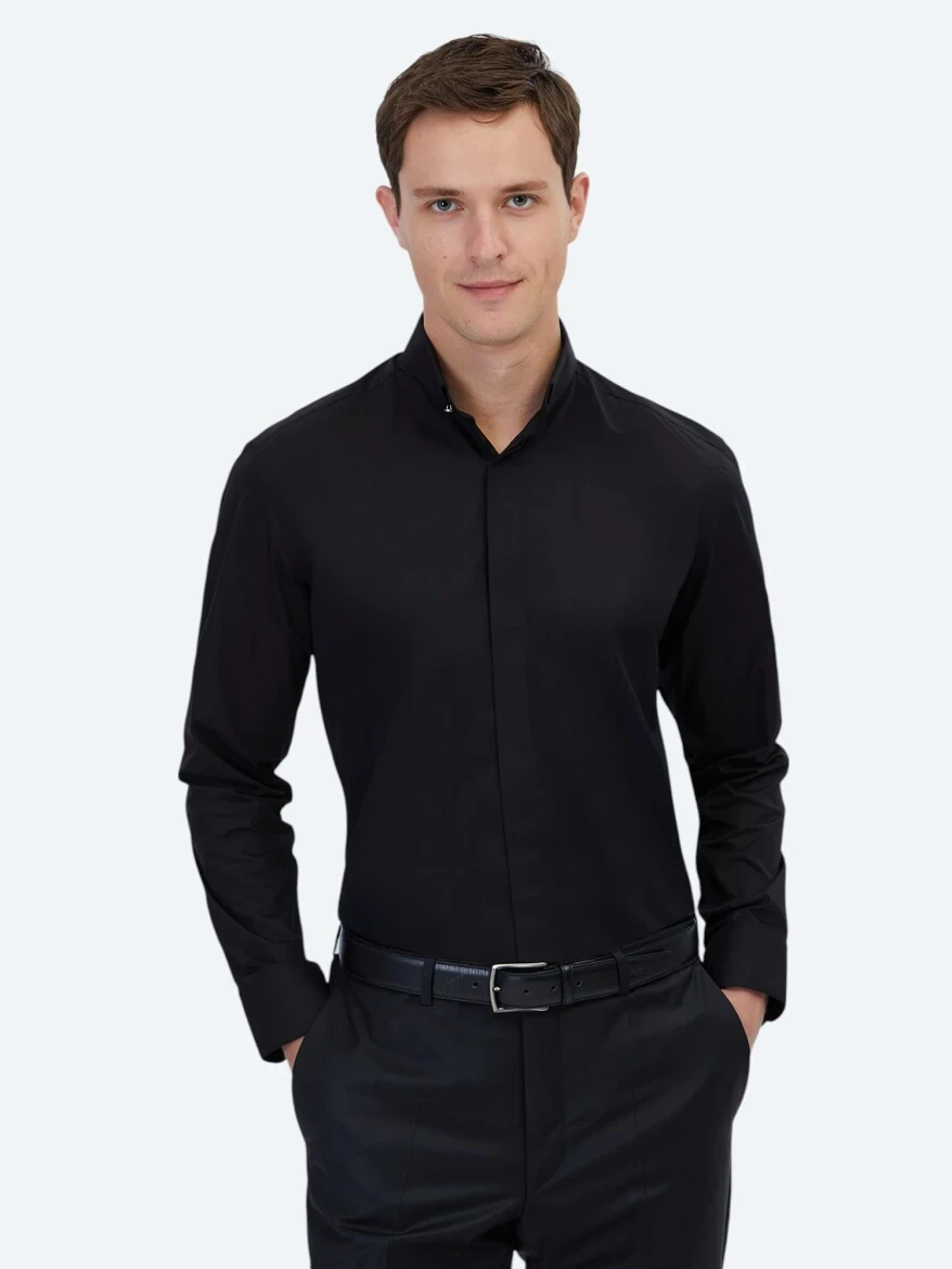Black Regular Fit Weaving Classical 100% Cotton Shirt - 1