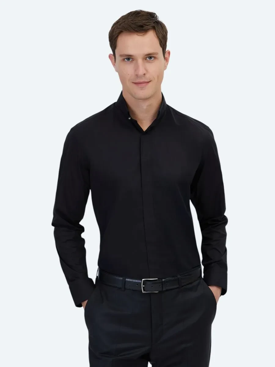 Black Regular Fit Weaving Classical 100% Cotton Shirt - 1