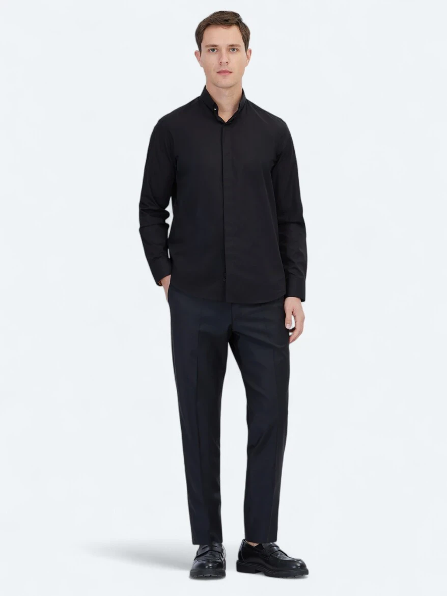 Black Regular Fit Weaving Classical 100% Cotton Shirt - 2