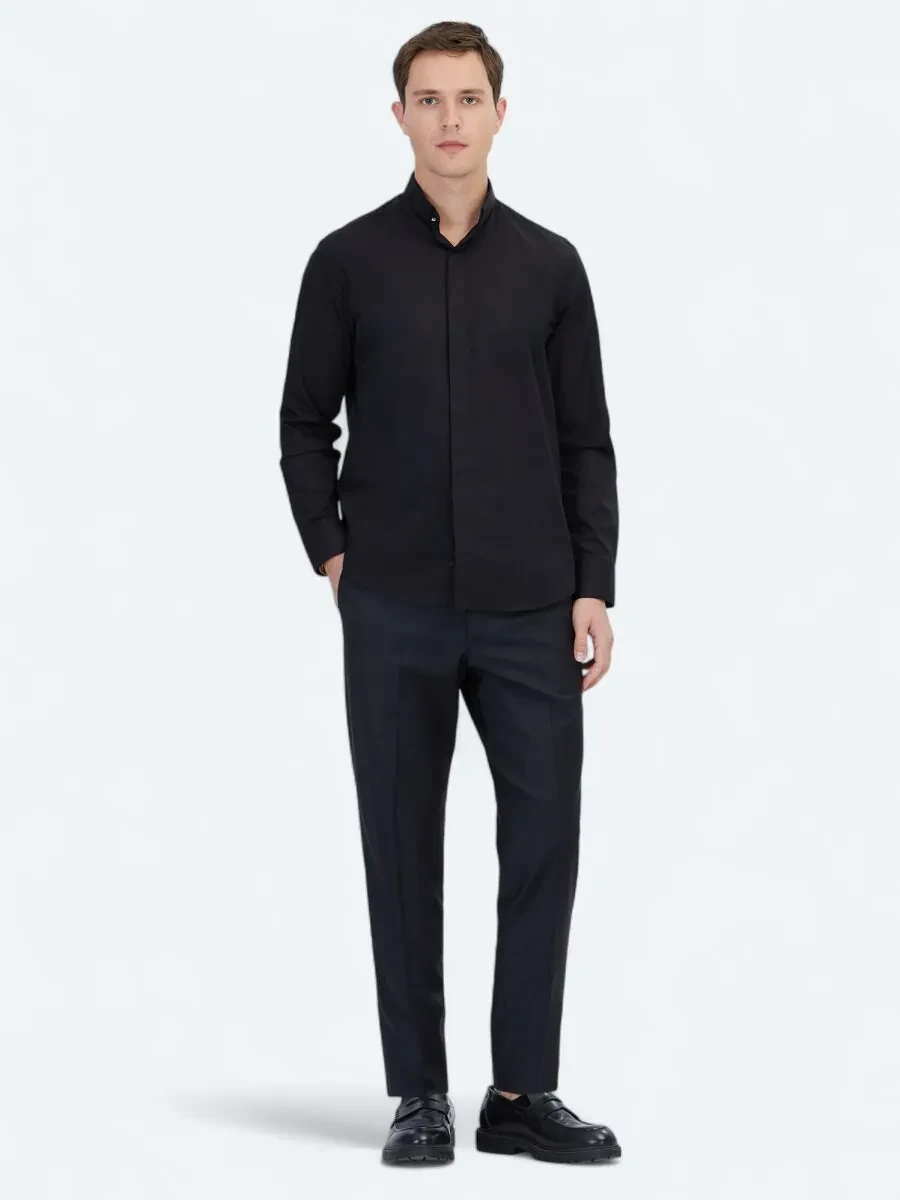 Black Regular Fit Weaving Classical 100% Cotton Shirt - 2