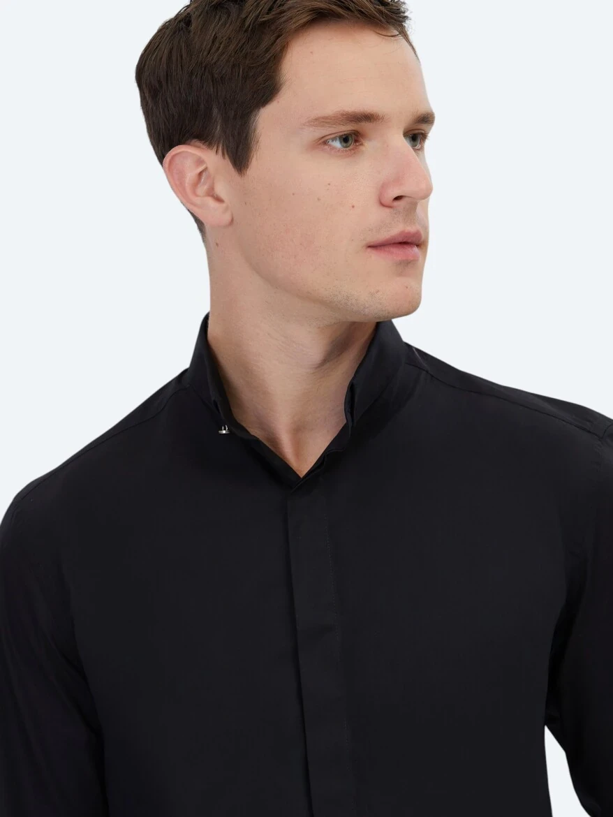 Black Regular Fit Weaving Classical 100% Cotton Shirt - 3