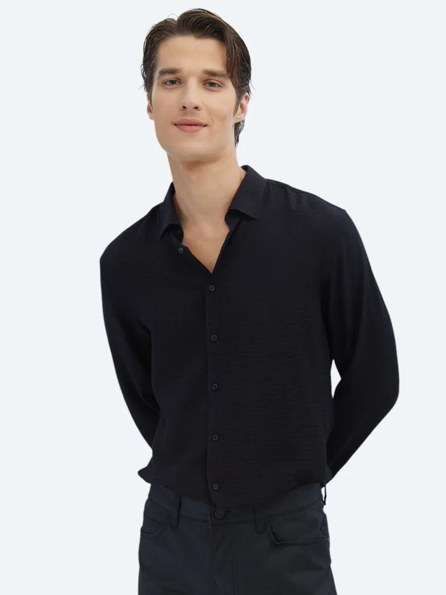 Black Regular Fit Weaving Classical Shirt - 1