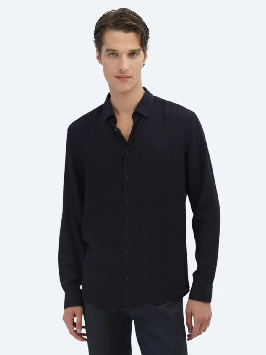 Black Regular Fit Weaving Classical Shirt - 3