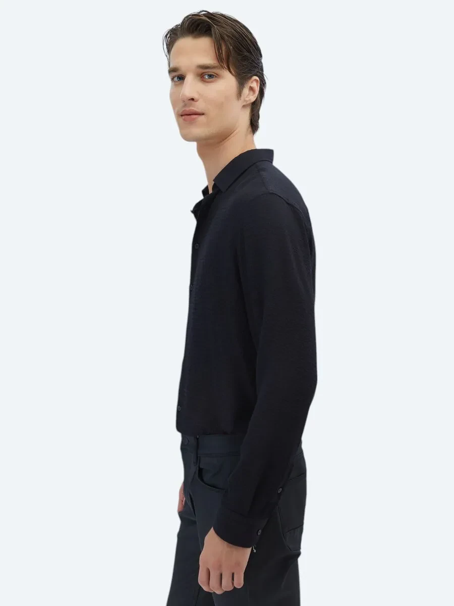 Black Regular Fit Weaving Classical Shirt - 4