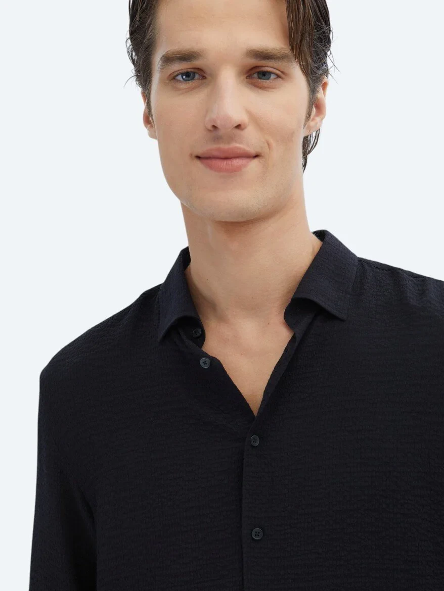 Black Regular Fit Weaving Classical Shirt - 5