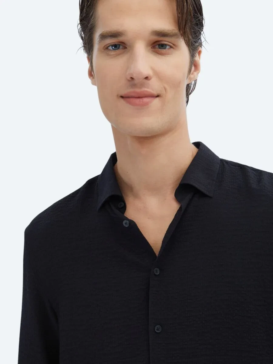 Black Regular Fit Weaving Classical Shirt - 5