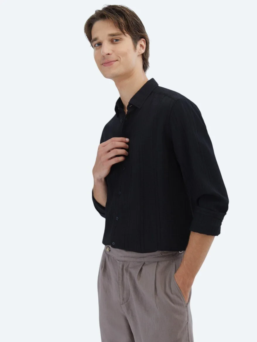 Black Regular Fit Weaving Classical Shirt - 1