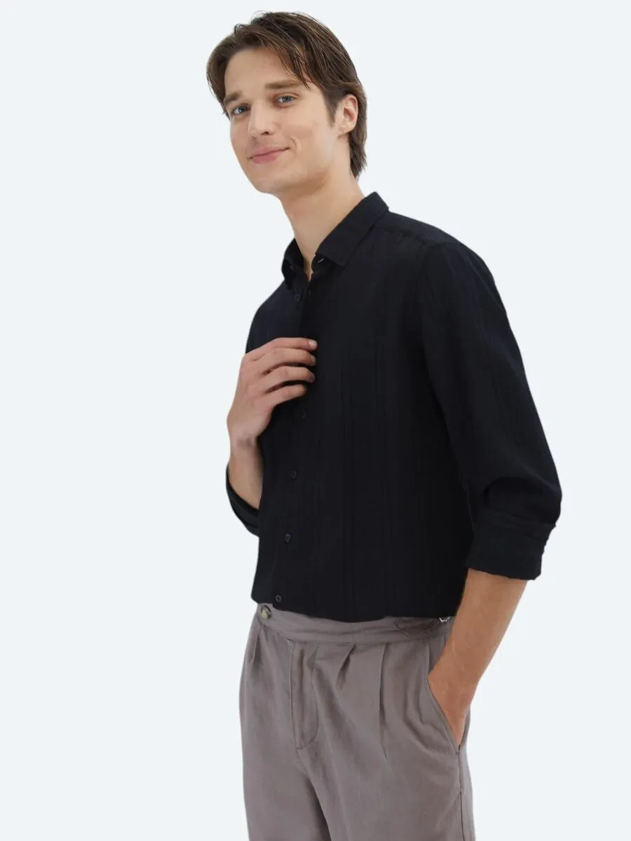 Black Regular Fit Weaving Classical Shirt - 1