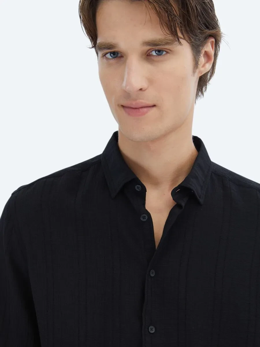 Black Regular Fit Weaving Classical Shirt - 3