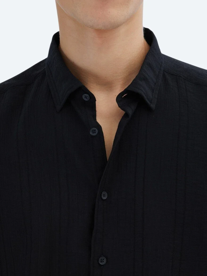 Black Regular Fit Weaving Classical Shirt - 4