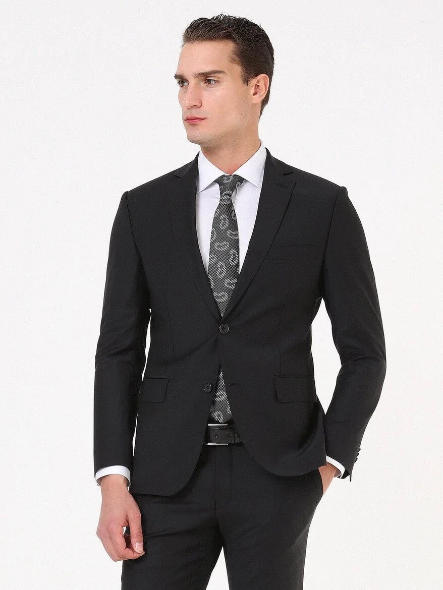 Black Regular Fit Wool Blended Suit - 1