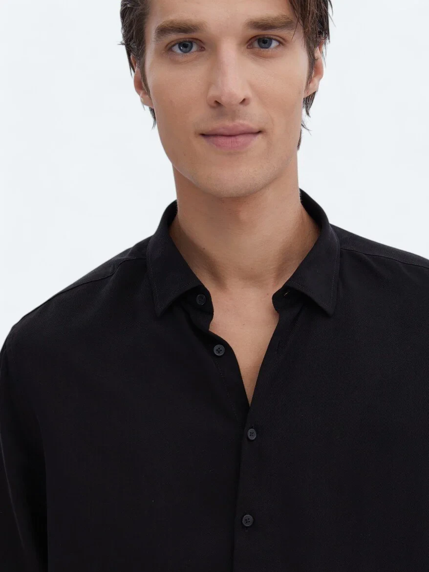 Black Ribbed Regular Fit Weaving Casual Shirt 