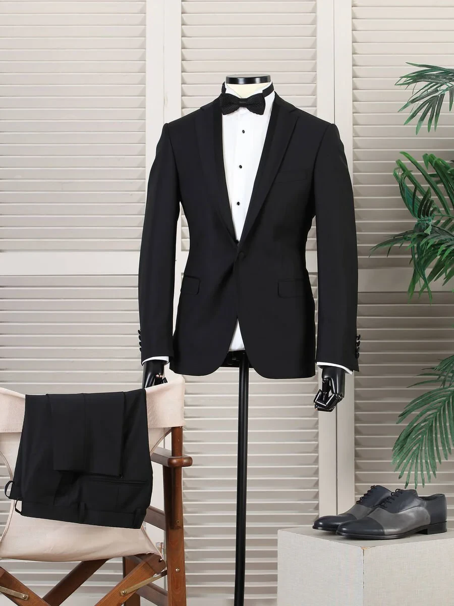 Black Slim Fit Butterfly Collar Weaving Tuxedo - 1