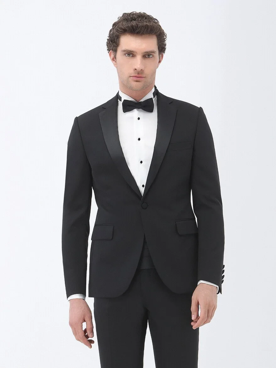 Black Slim Fit Butterfly Collar Weaving Tuxedo - 1