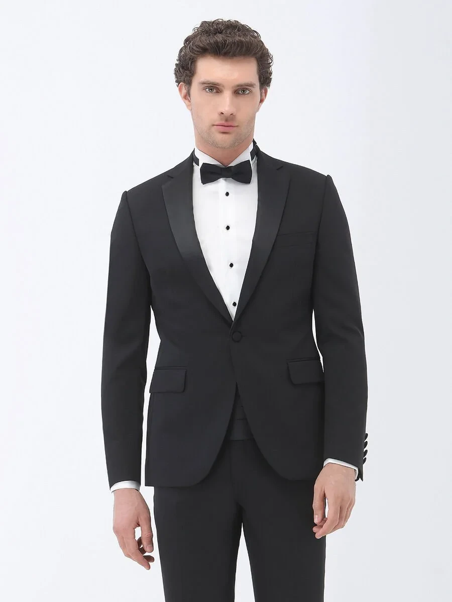 Black Slim Fit Butterfly Collar Weaving Tuxedo - 1
