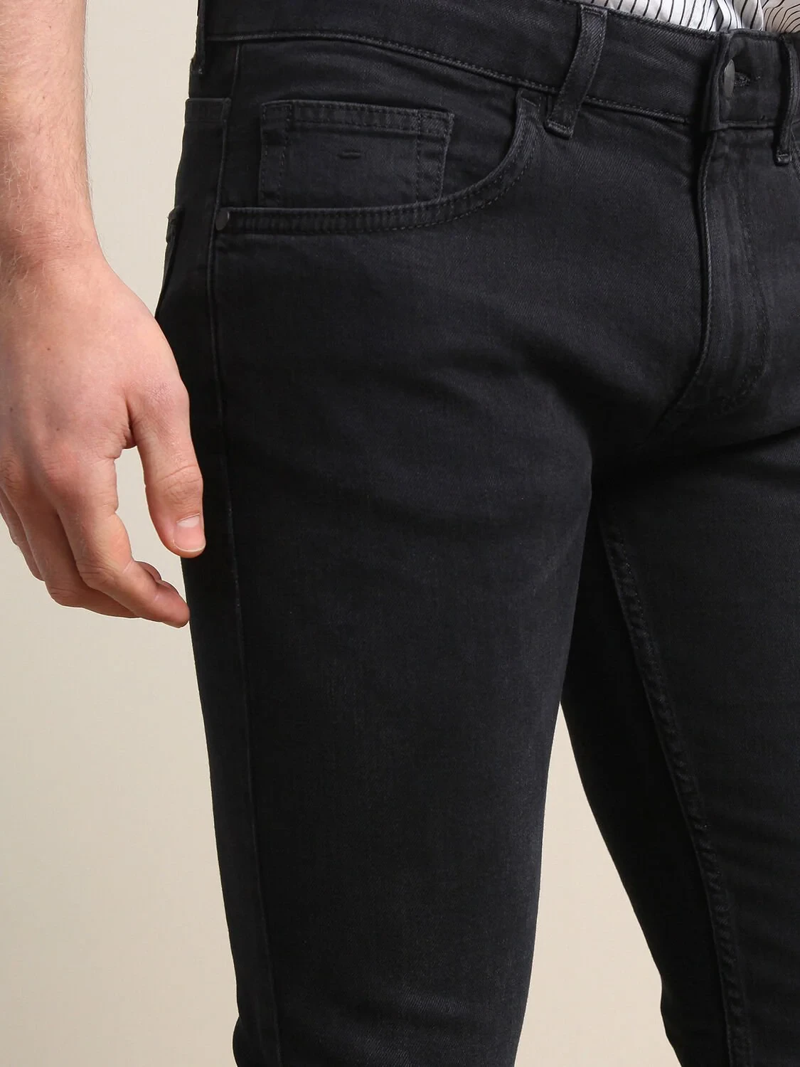 Black Slim Fit Denim Cotton Blended Trousers - 3
