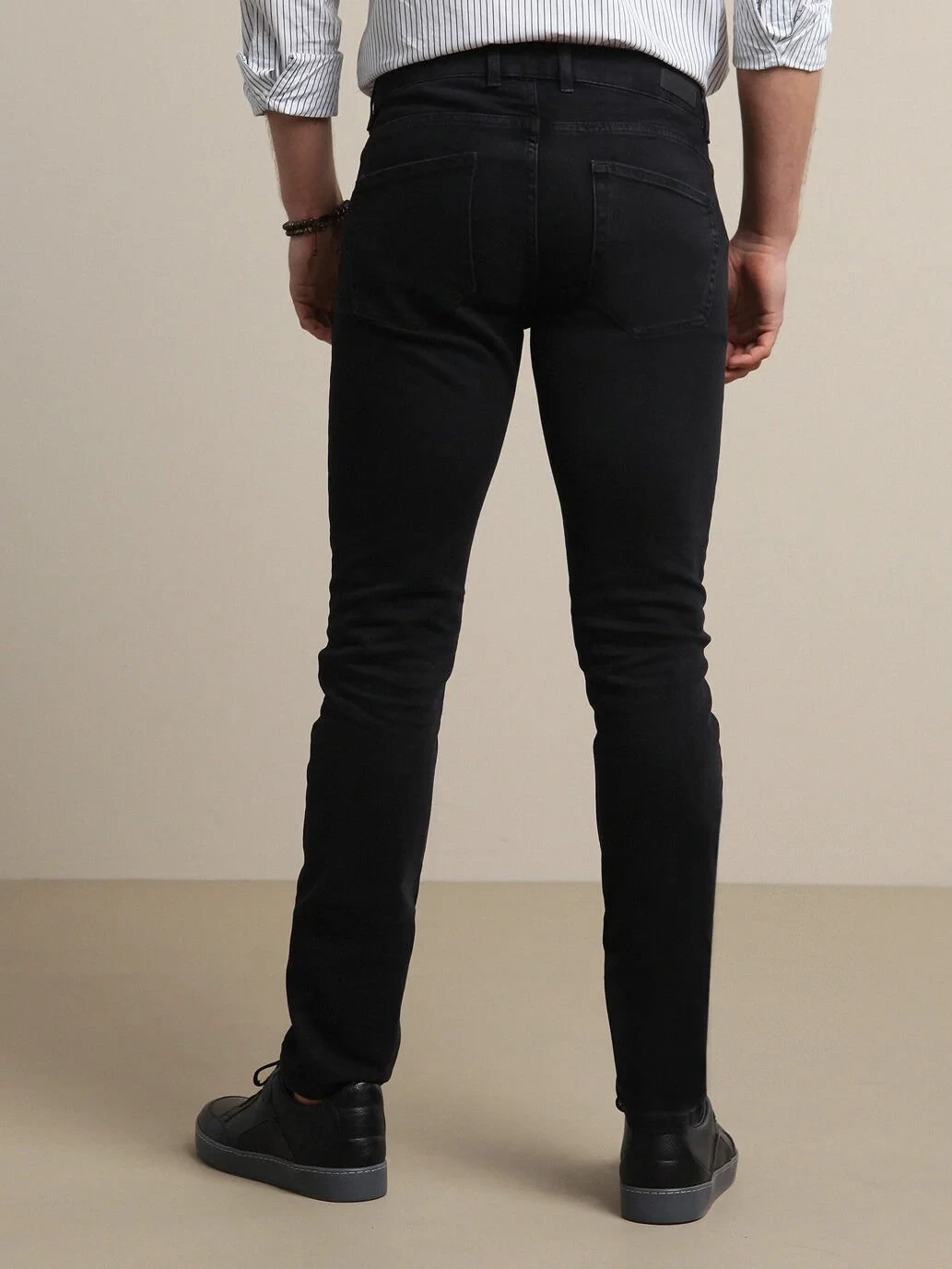 Black Slim Fit Denim Cotton Blended Trousers - 4