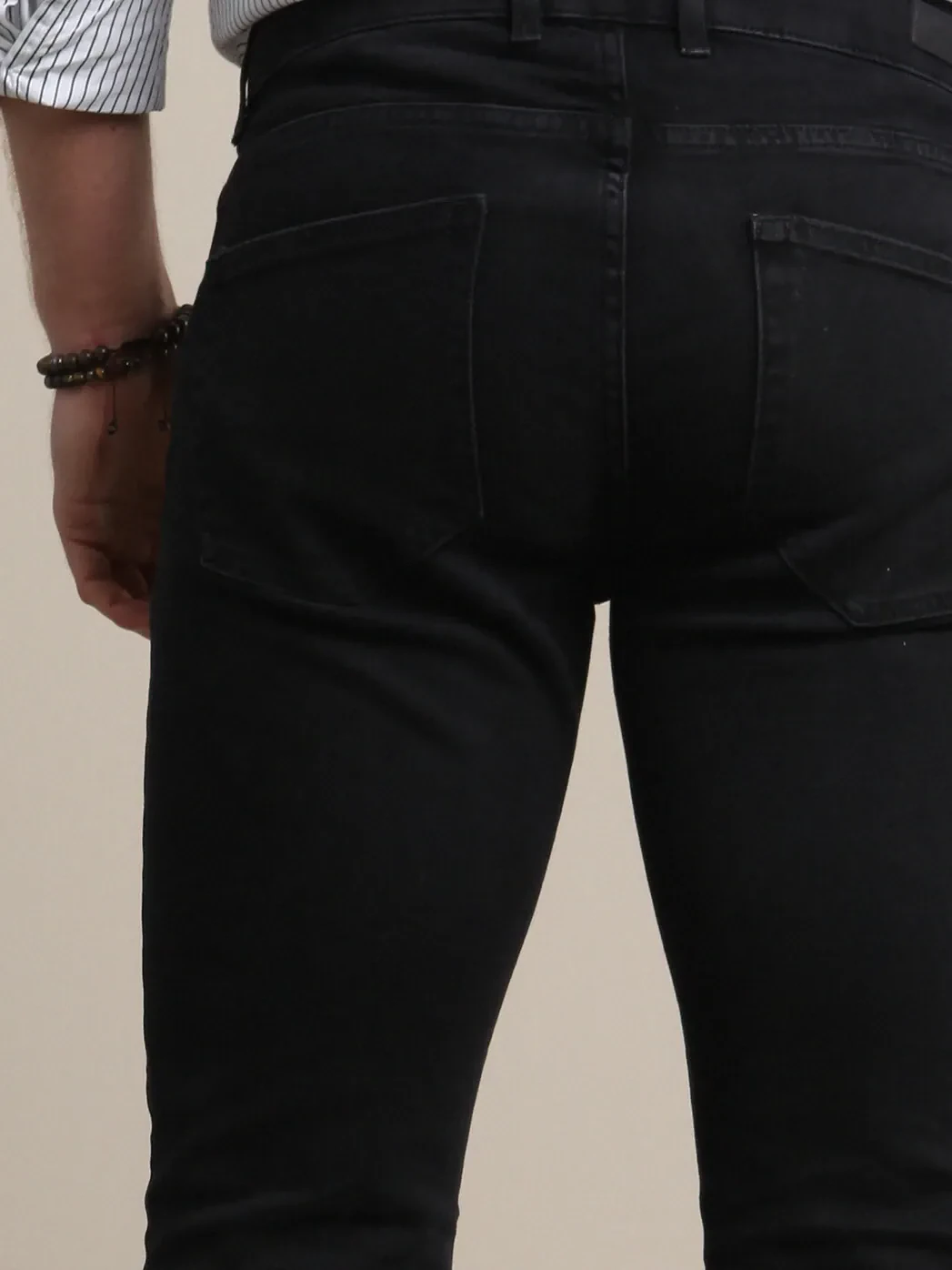 Black Slim Fit Denim Cotton Blended Trousers - 5