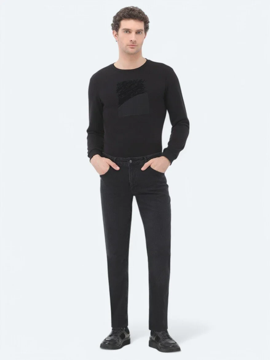 Black Slim Fit Denim Cotton Blended Trousers - 1