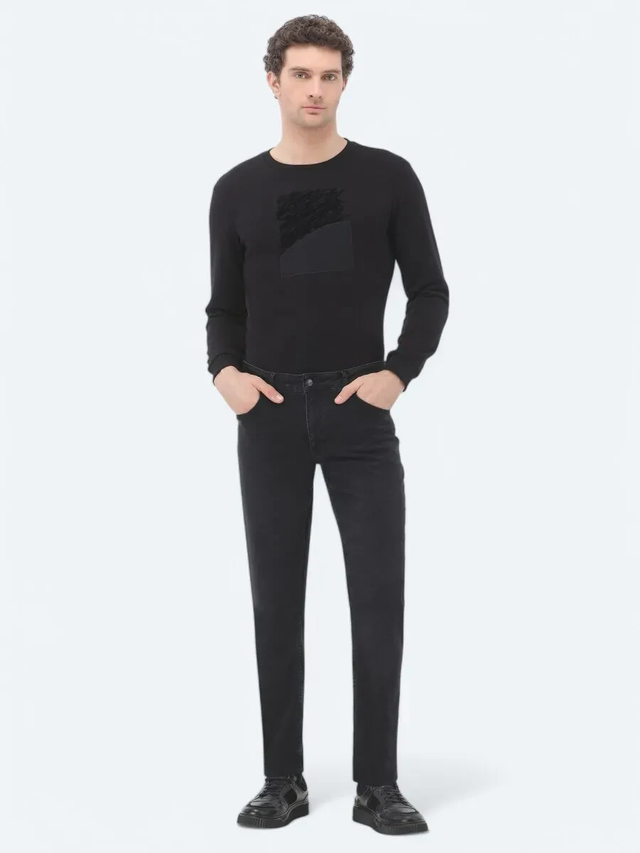 Black Slim Fit Denim Cotton Blended Trousers - 1
