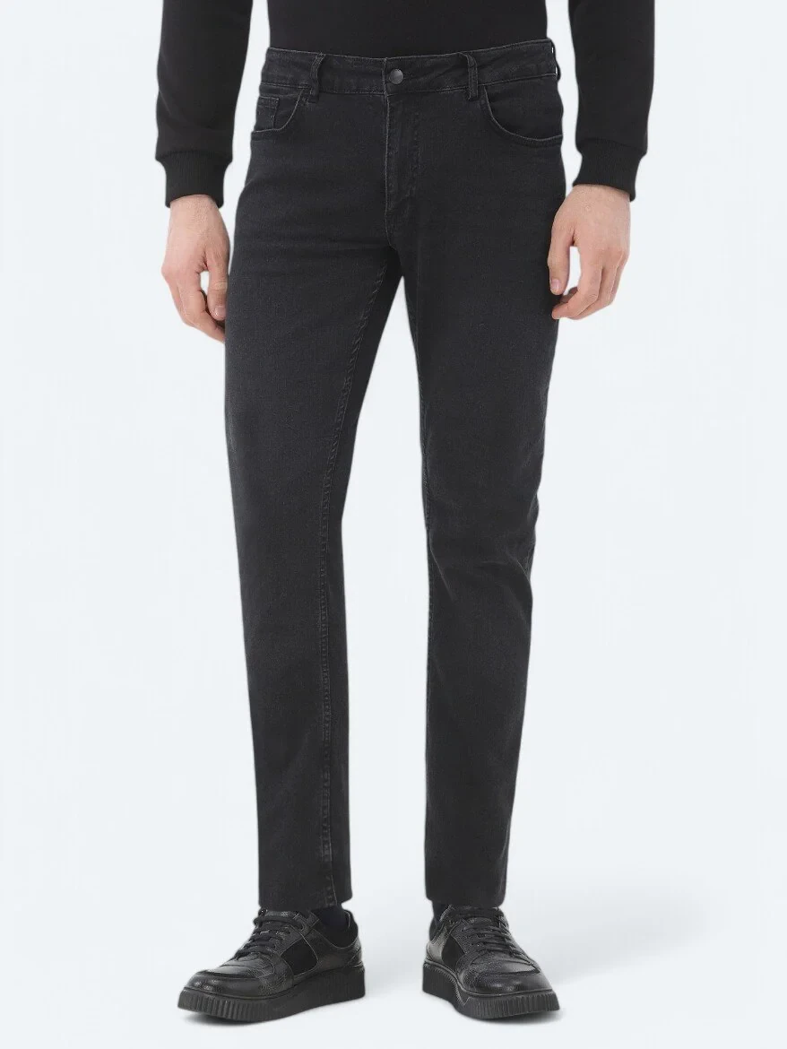 Black Slim Fit Denim Cotton Blended Trousers - 2