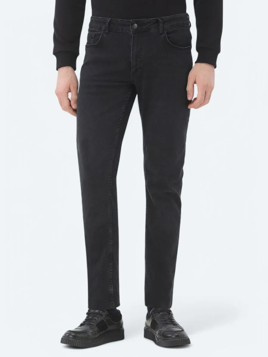 Black Slim Fit Denim Cotton Blended Trousers - 2
