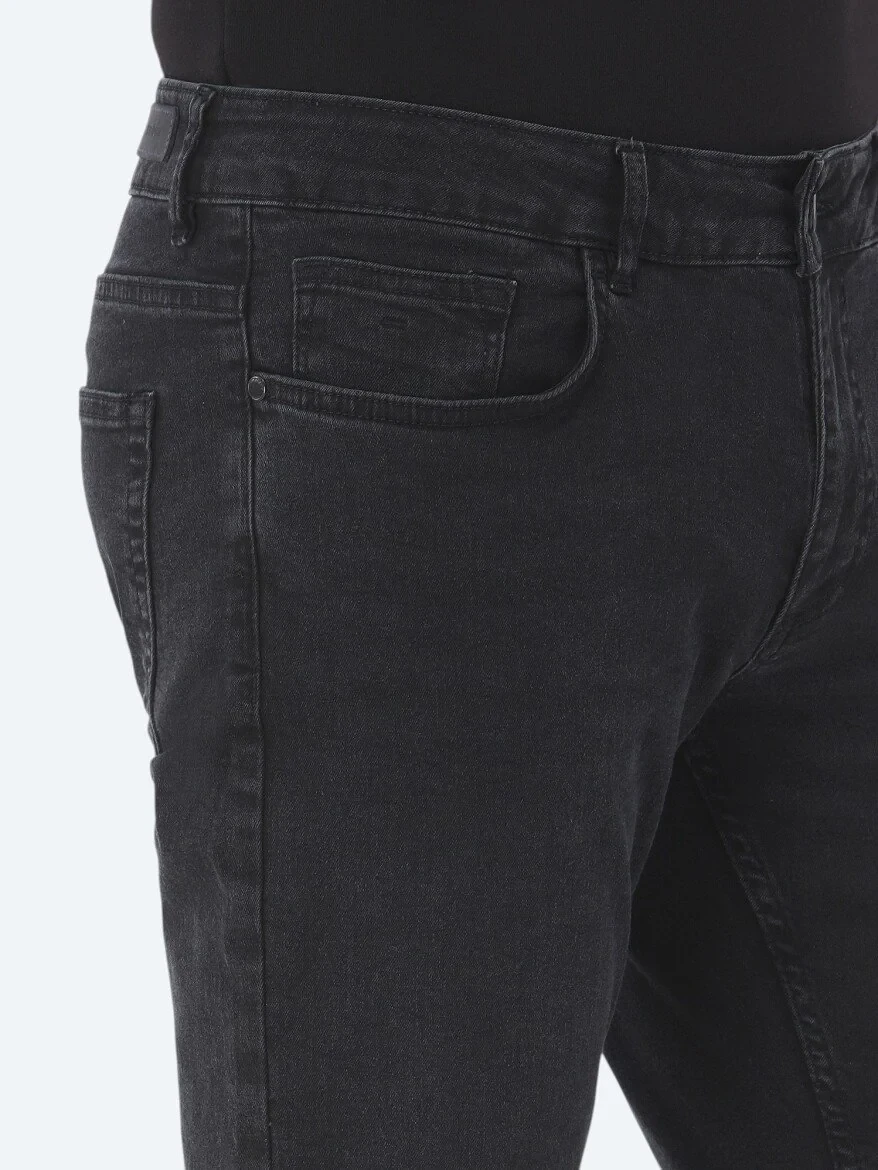 Black Slim Fit Denim Cotton Blended Trousers - 4