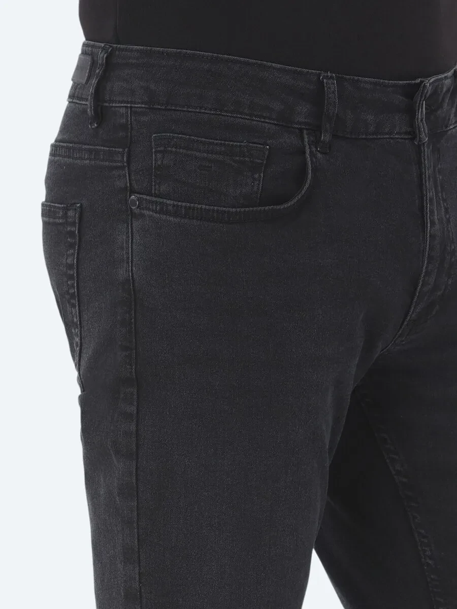Black Slim Fit Denim Cotton Blended Trousers - 4
