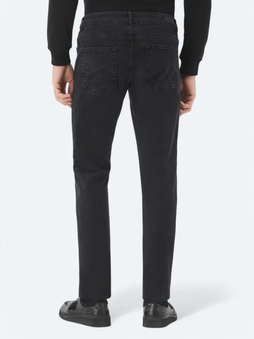 Black Slim Fit Denim Cotton Blended Trousers - 5