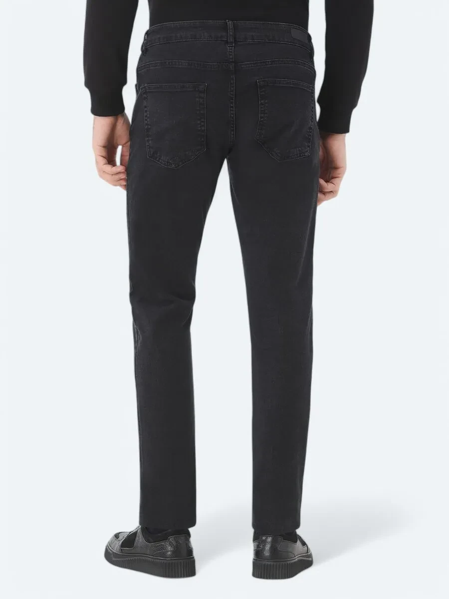 Black Slim Fit Denim Cotton Blended Trousers - 5