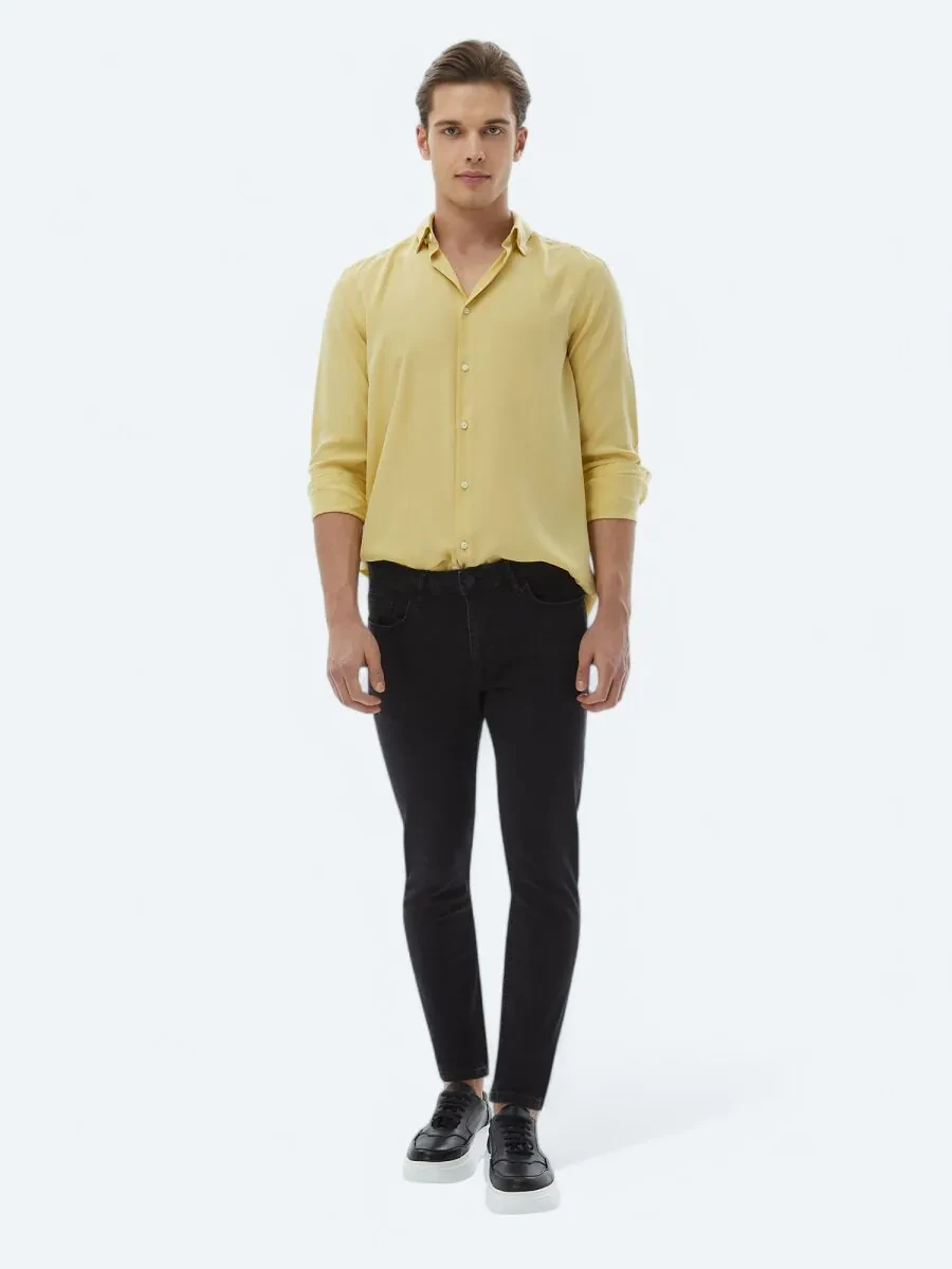 Black Slim Fit Denim Cotton Blended Trousers - 1