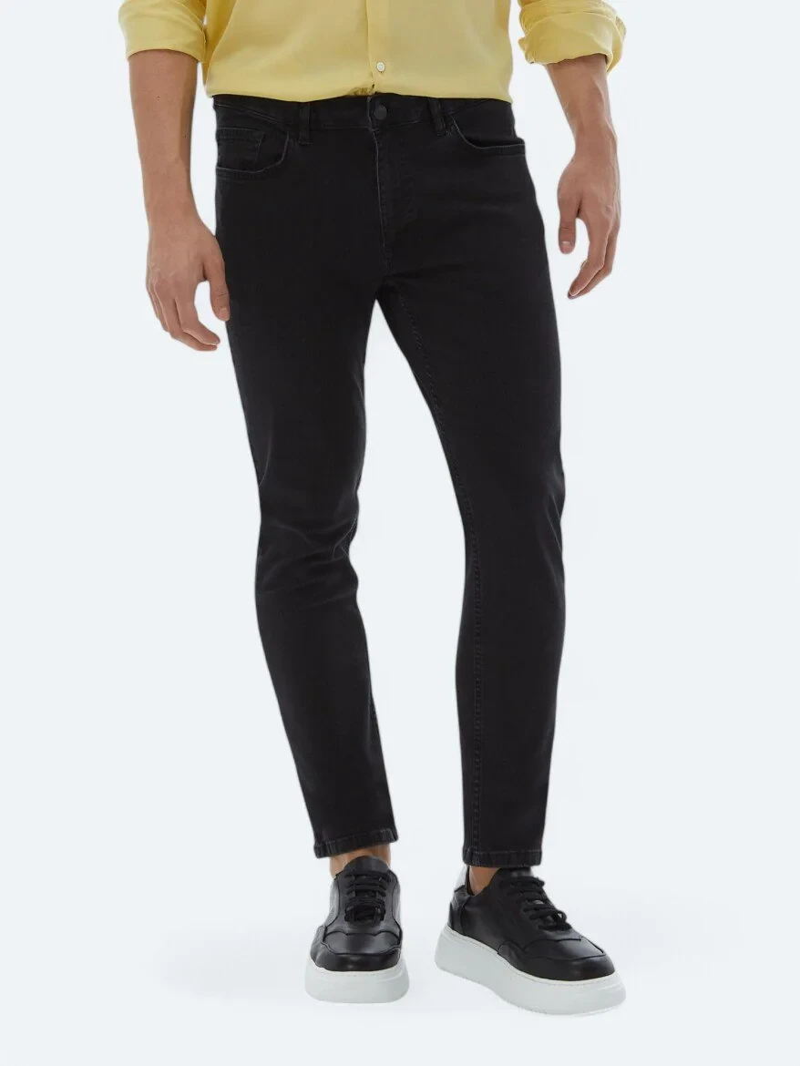 Black Slim Fit Denim Cotton Blended Trousers - 2