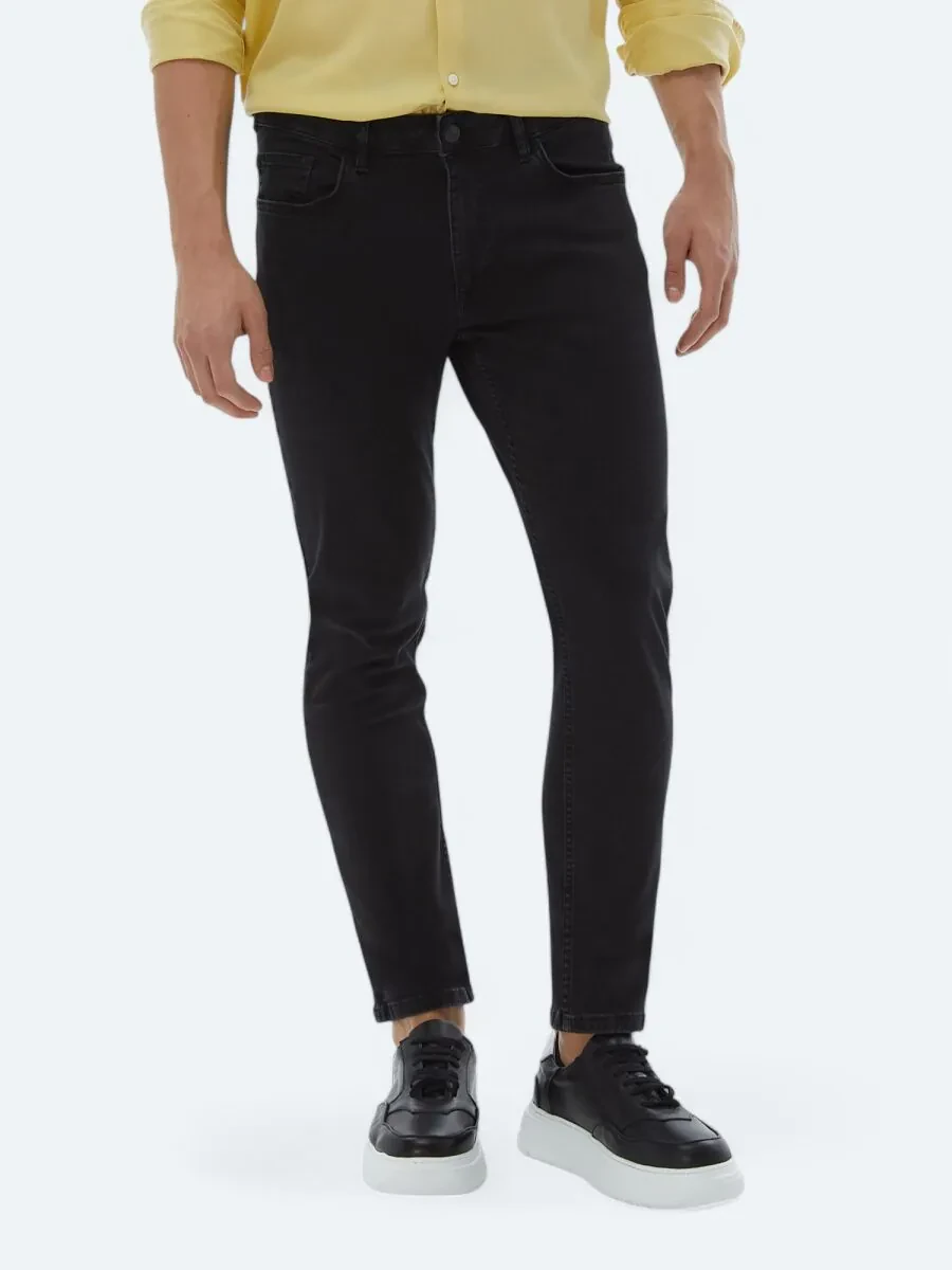 Black Slim Fit Denim Cotton Blended Trousers - 2