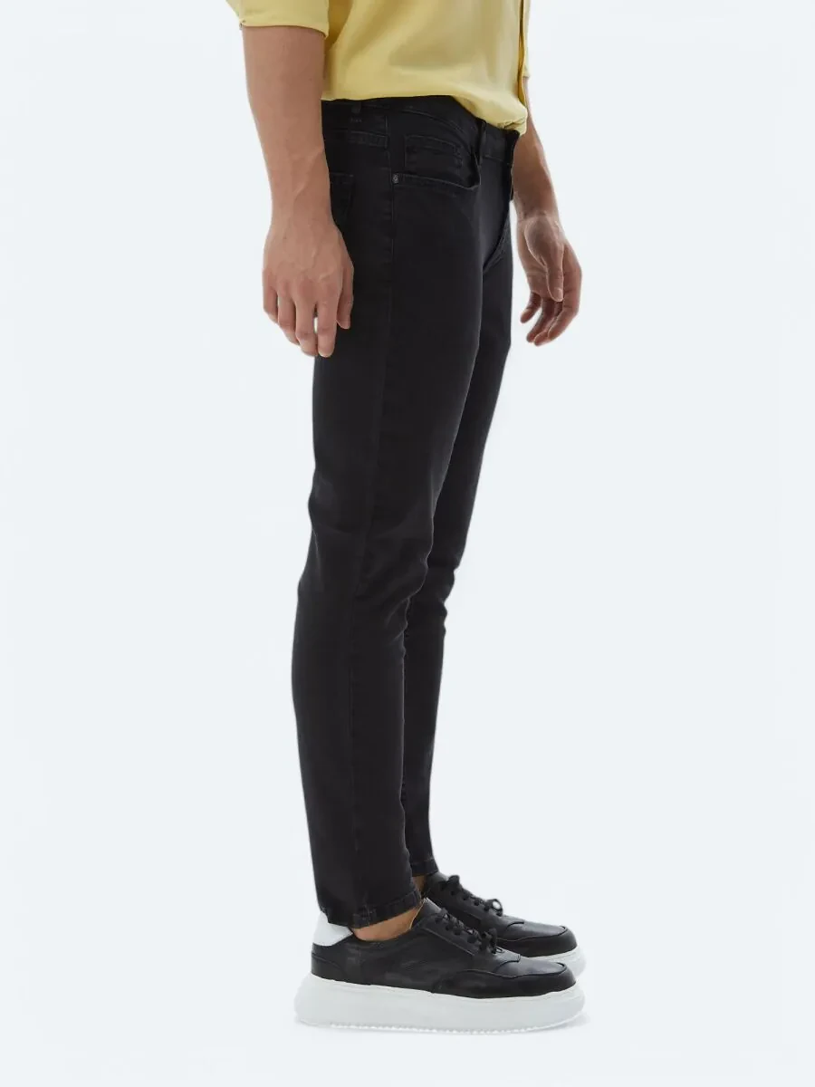Black Slim Fit Denim Cotton Blended Trousers - 3
