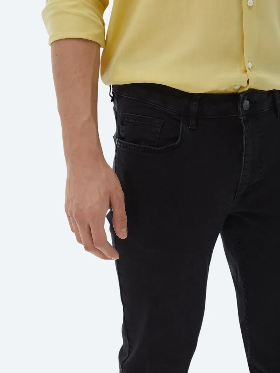 Black Slim Fit Denim Cotton Blended Trousers - 4