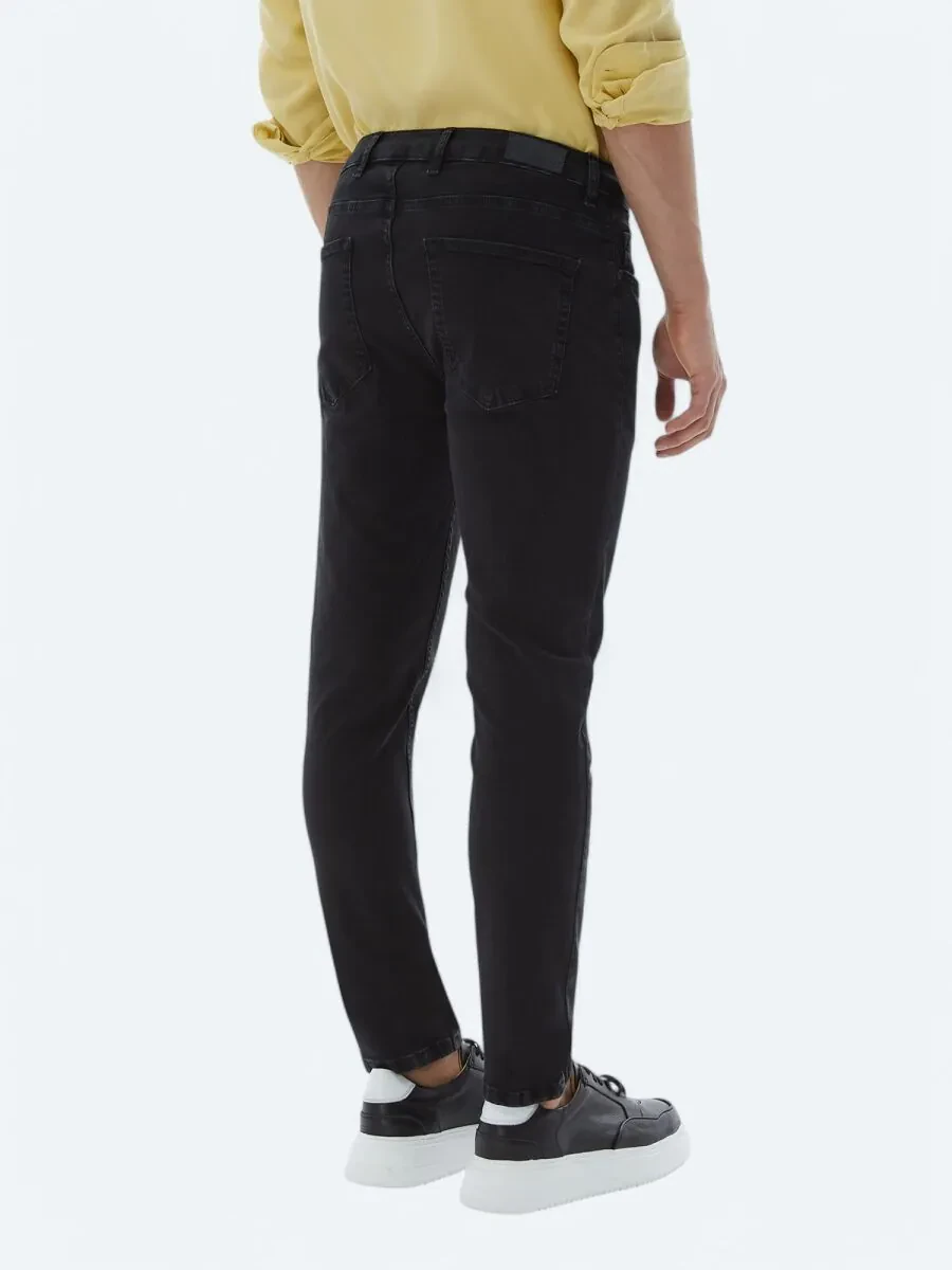 Black Slim Fit Denim Cotton Blended Trousers - 5