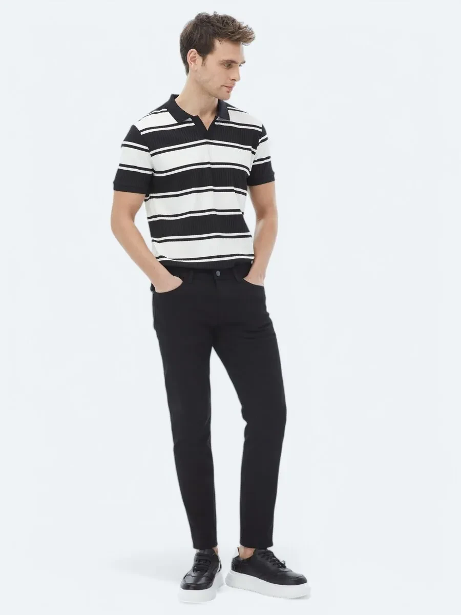 Black Slim Fit Denim Cotton Blended Trousers - 1