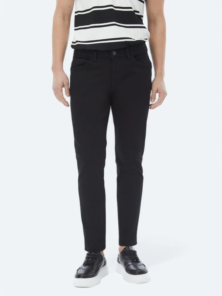 Black Slim Fit Denim Cotton Blended Trousers - 2