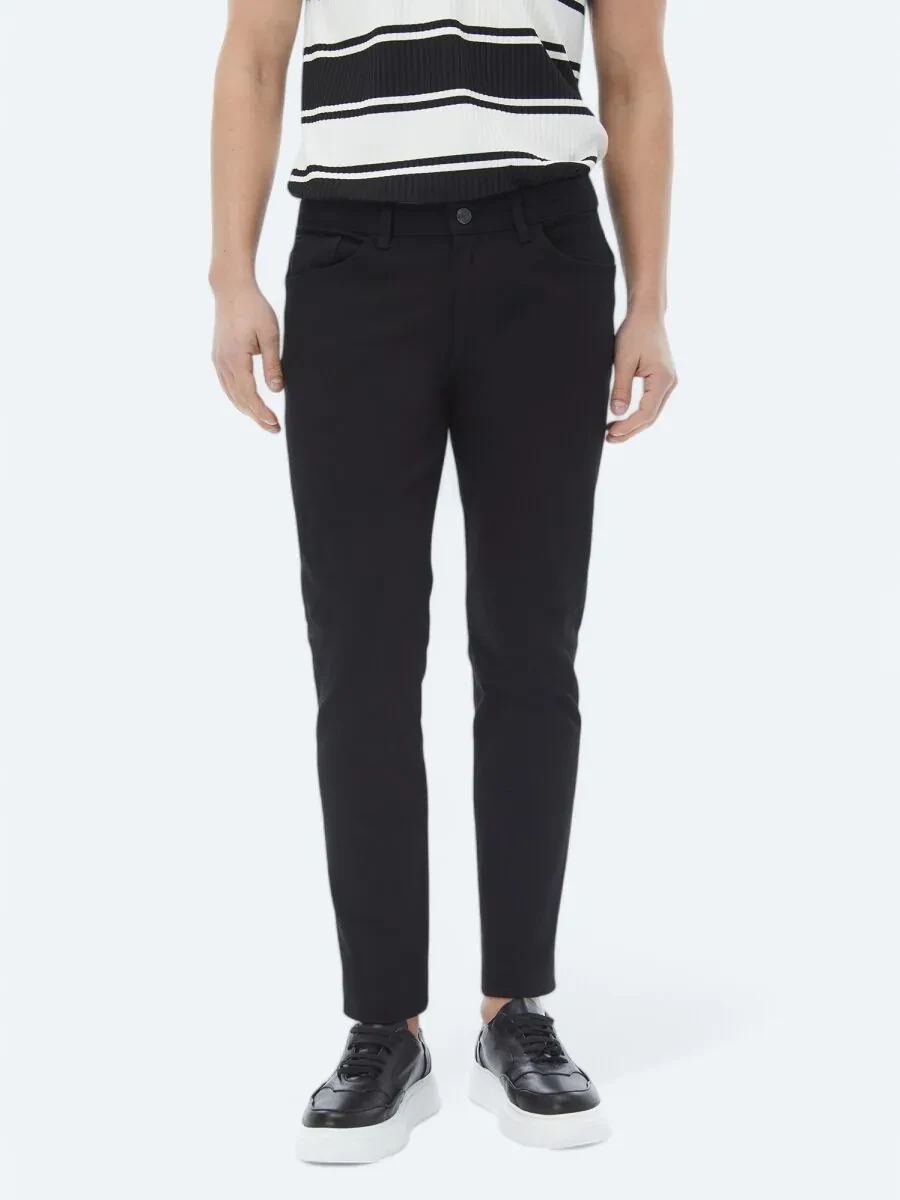 Black Slim Fit Denim Cotton Blended Trousers - 2
