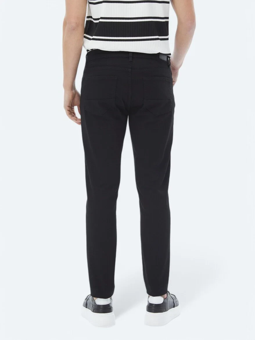 Black Slim Fit Denim Cotton Blended Trousers - 4