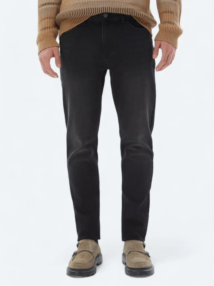 Black Slim Fit Denim Cotton Blended Trousers - 2