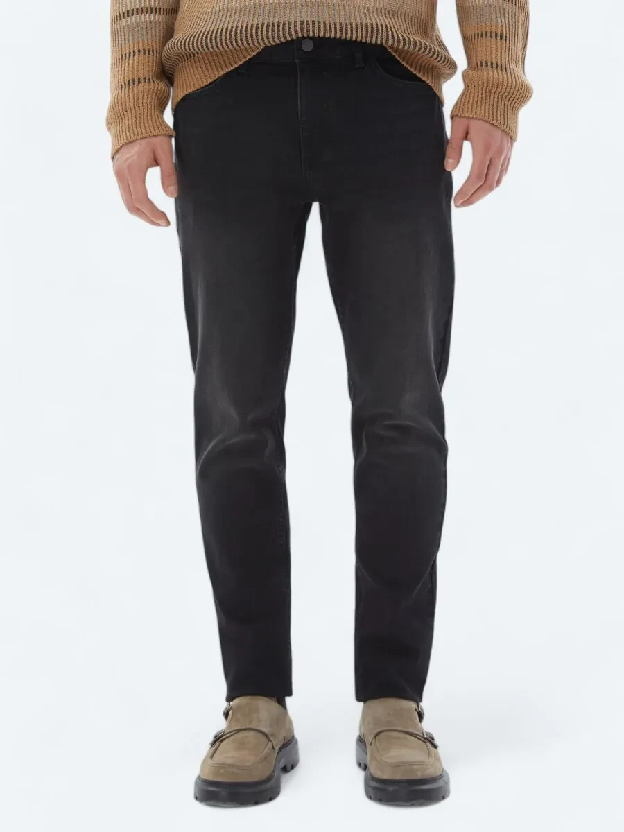 Black Slim Fit Denim Cotton Blended Trousers - 2
