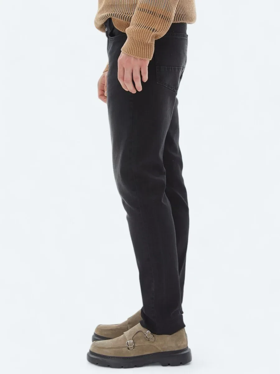 Black Slim Fit Denim Cotton Blended Trousers - 3