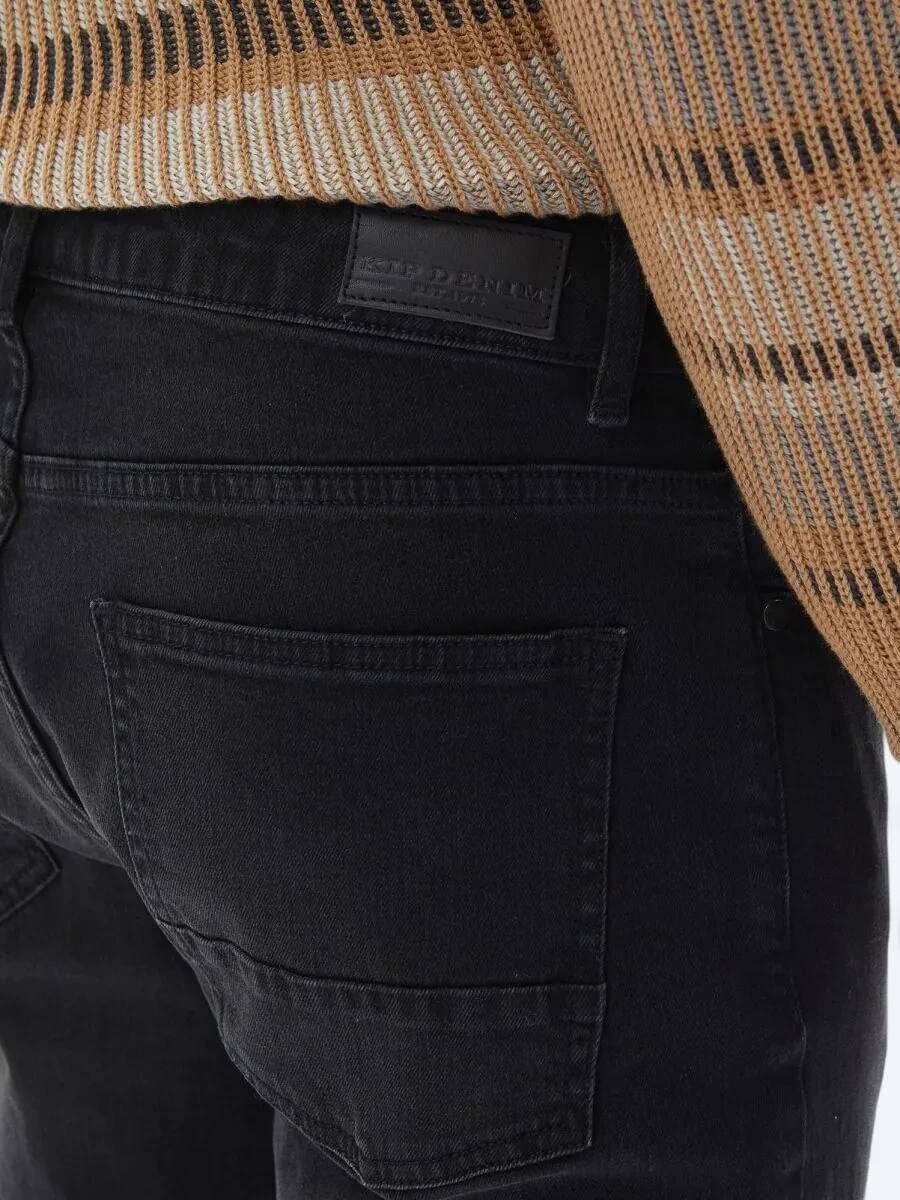 Black Slim Fit Denim Cotton Blended Trousers - 4